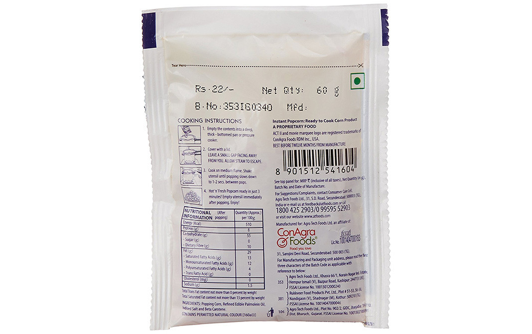 Act II Golden Sizzle Popcorn   Pack  60 grams